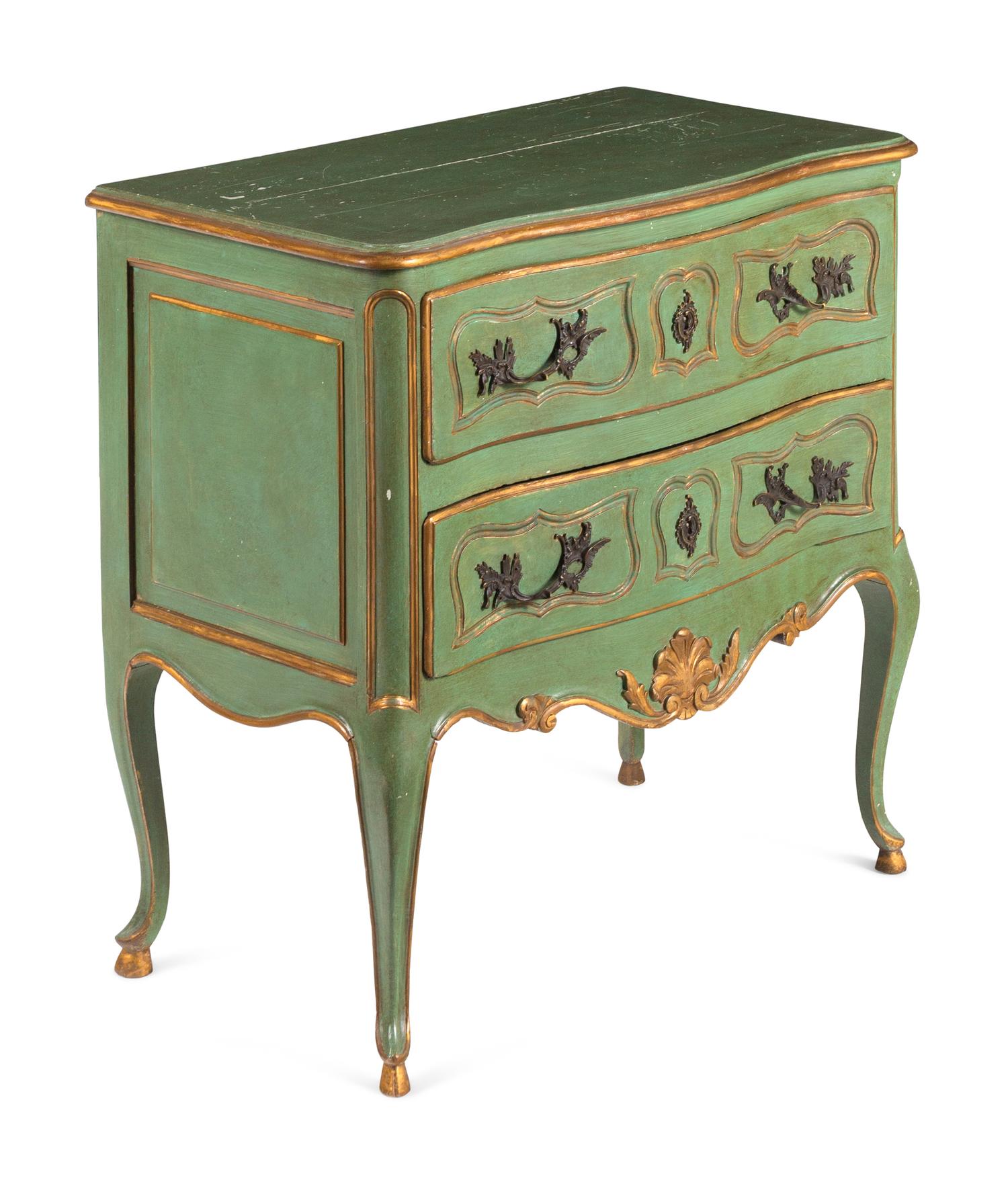 A Louis XV Provincial Style Green-Painted and Parcel-Gilt Commode