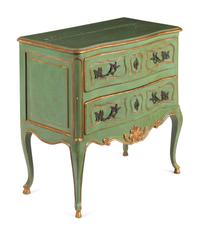 A Louis XV Provincial Style Green-Painted and Parcel-Gilt Commode