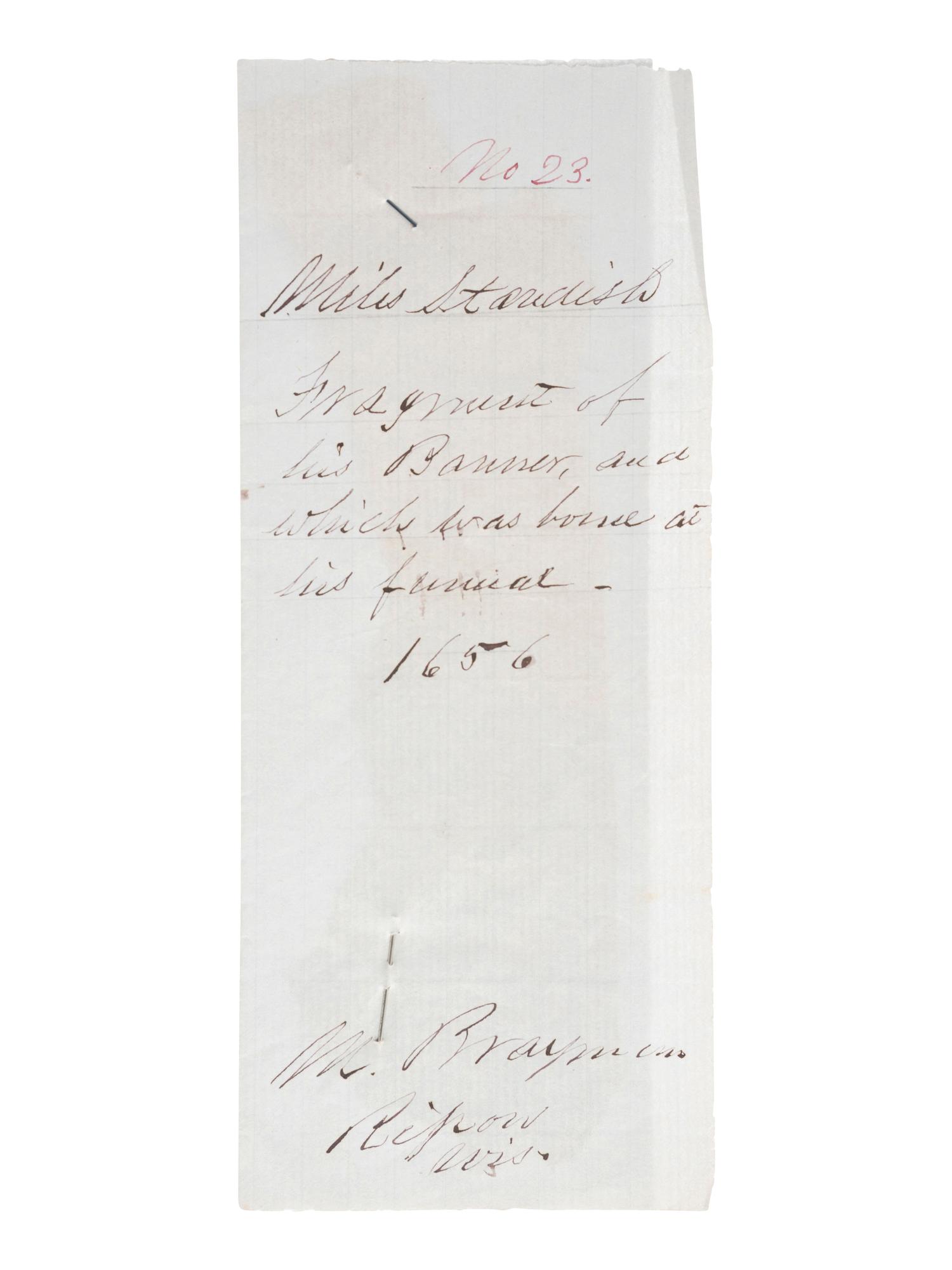 [COLONIAL]. STANDISH, Myles (ca. 1584-1656). Fragment of banner attributed to having been borne at Standish's funeral.