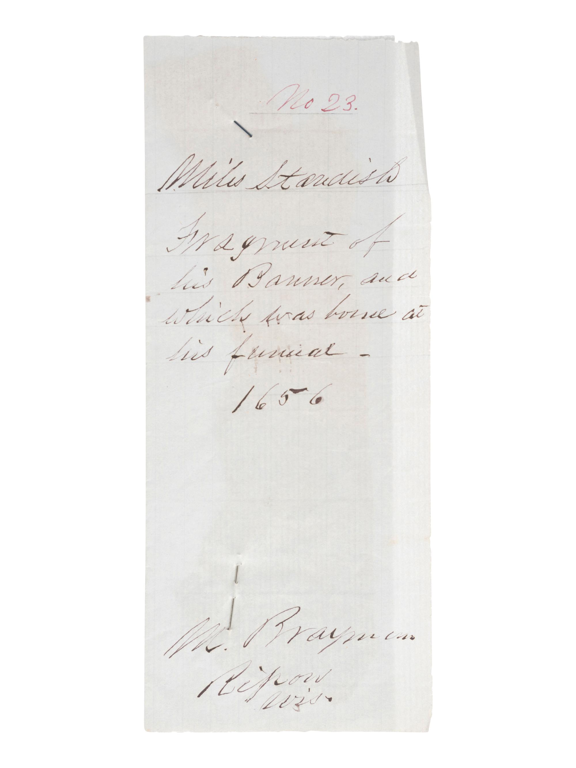[COLONIAL]. STANDISH, Myles (ca. 1584-1656). Fragment of banner attributed to having been borne at Standish's funeral.