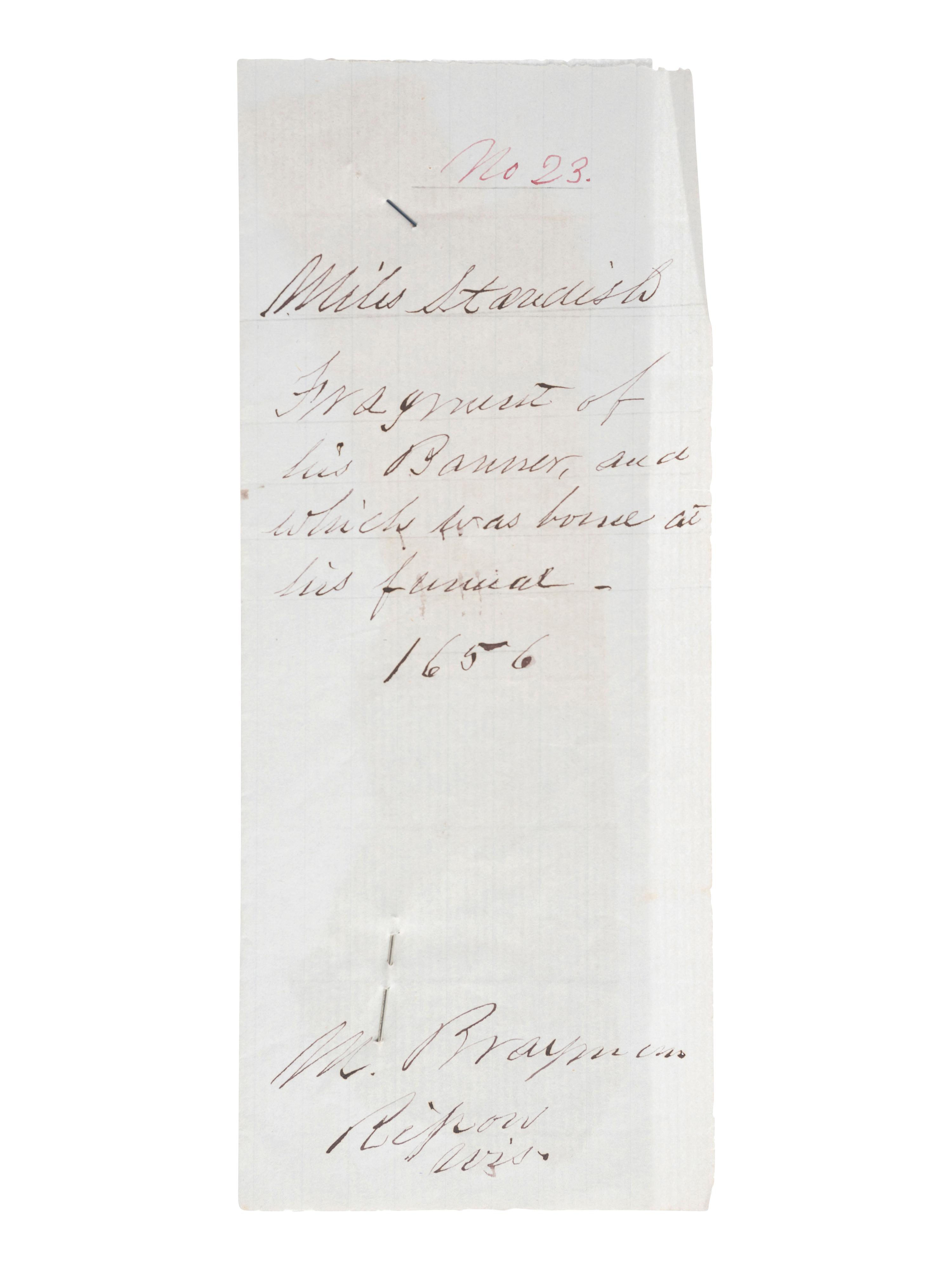 [COLONIAL]. STANDISH, Myles (ca. 1584-1656). Fragment of banner attributed to having been borne at Standish's funeral.