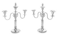 A Pair of American Silver Three-Light Candelabra, John Hasselbring, Brooklyn, NY, First-Half 20th Century, having a central baluster ca
