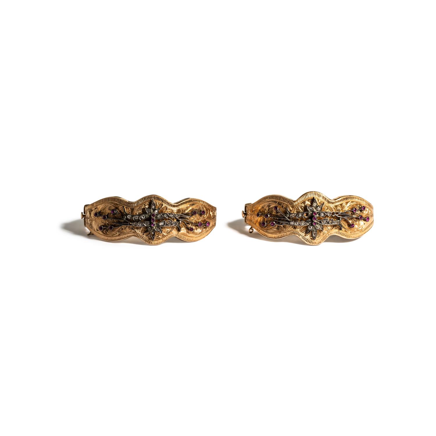 PAIR OF DIAMOND, SYNTHETIC RUBY, AND ROSE GOLD BANGLE BRACELETS