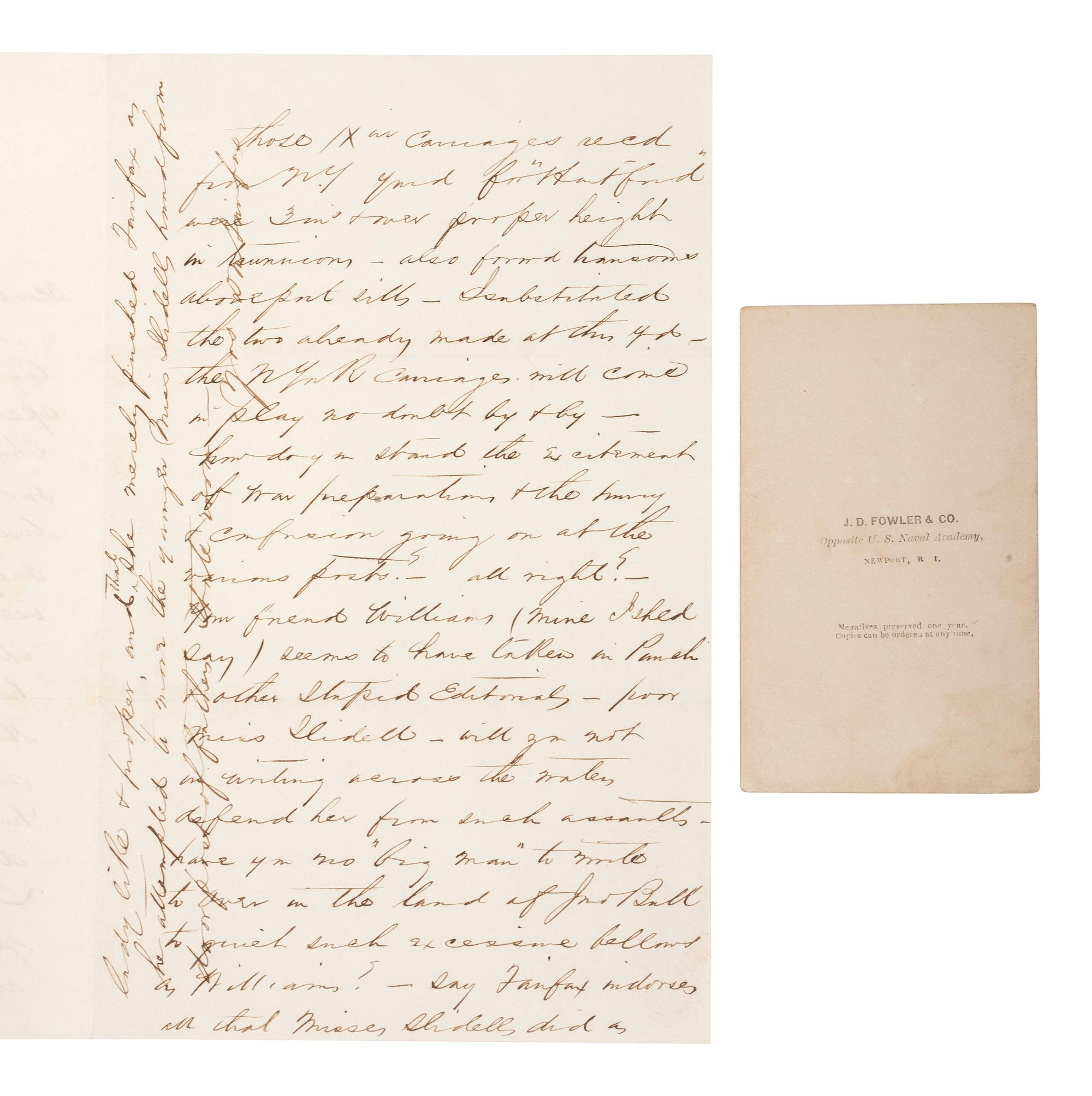 [CIVIL WAR - NAVY]. FAIRFAX, Lt. Donald McNeill (1818-1894). Autograph letter signed ("D.M. Fairfax"), in which Fairfax discusses his role in the Trent Affair, with full-length CDV portrait of Fairfax in uniform.