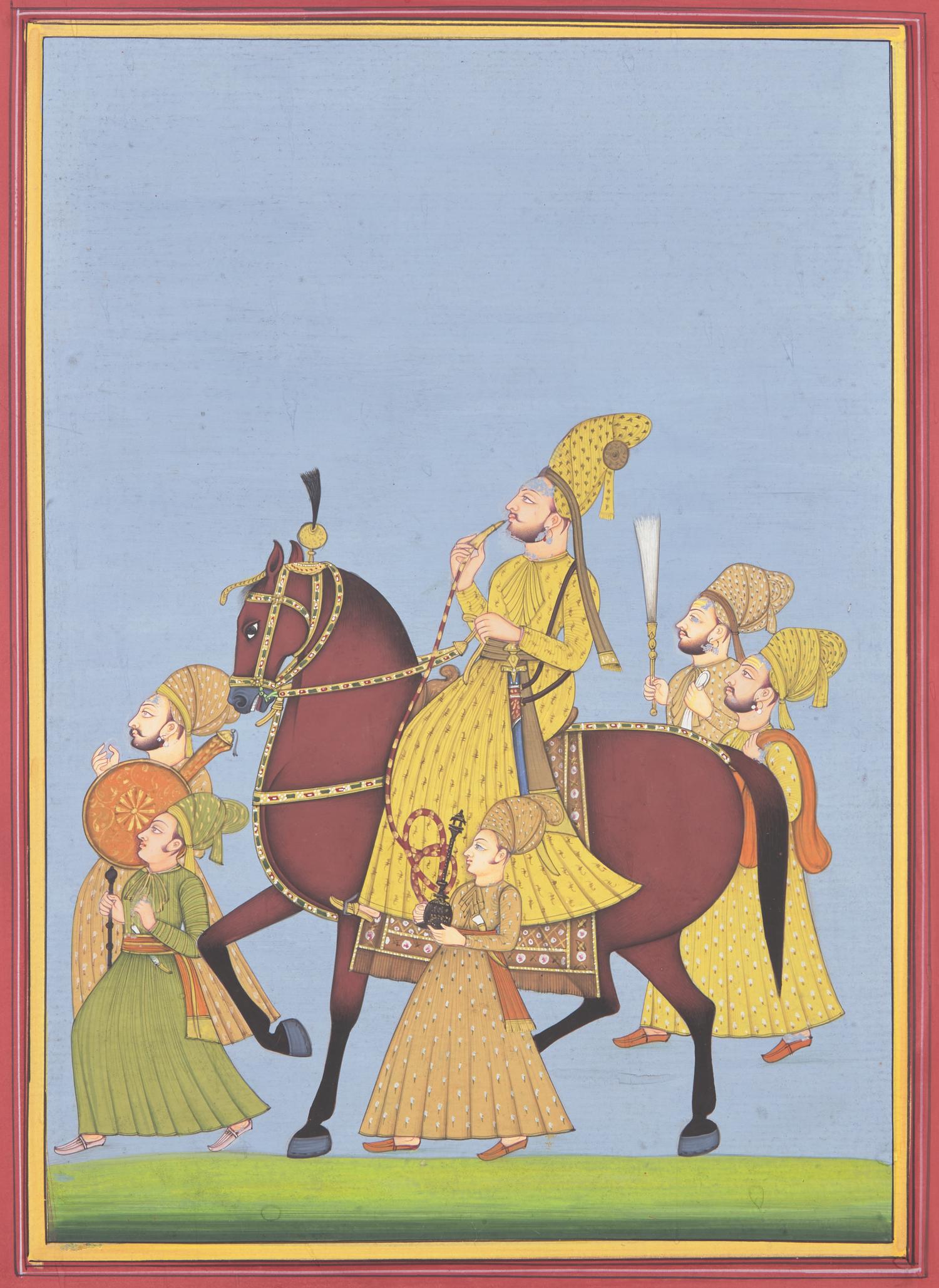 A Painting of a Marwari Equestrian Nobleman Smoking a Hookah Flanked by Five Pleated-Skirt Attendants, Jodhpur School, 20th Century
