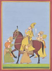 A Painting of a Marwari Equestrian Nobleman Smoking a Hookah Flanked by Five Pleated-Skirt Attendants, Jodhpur School, 20th Century