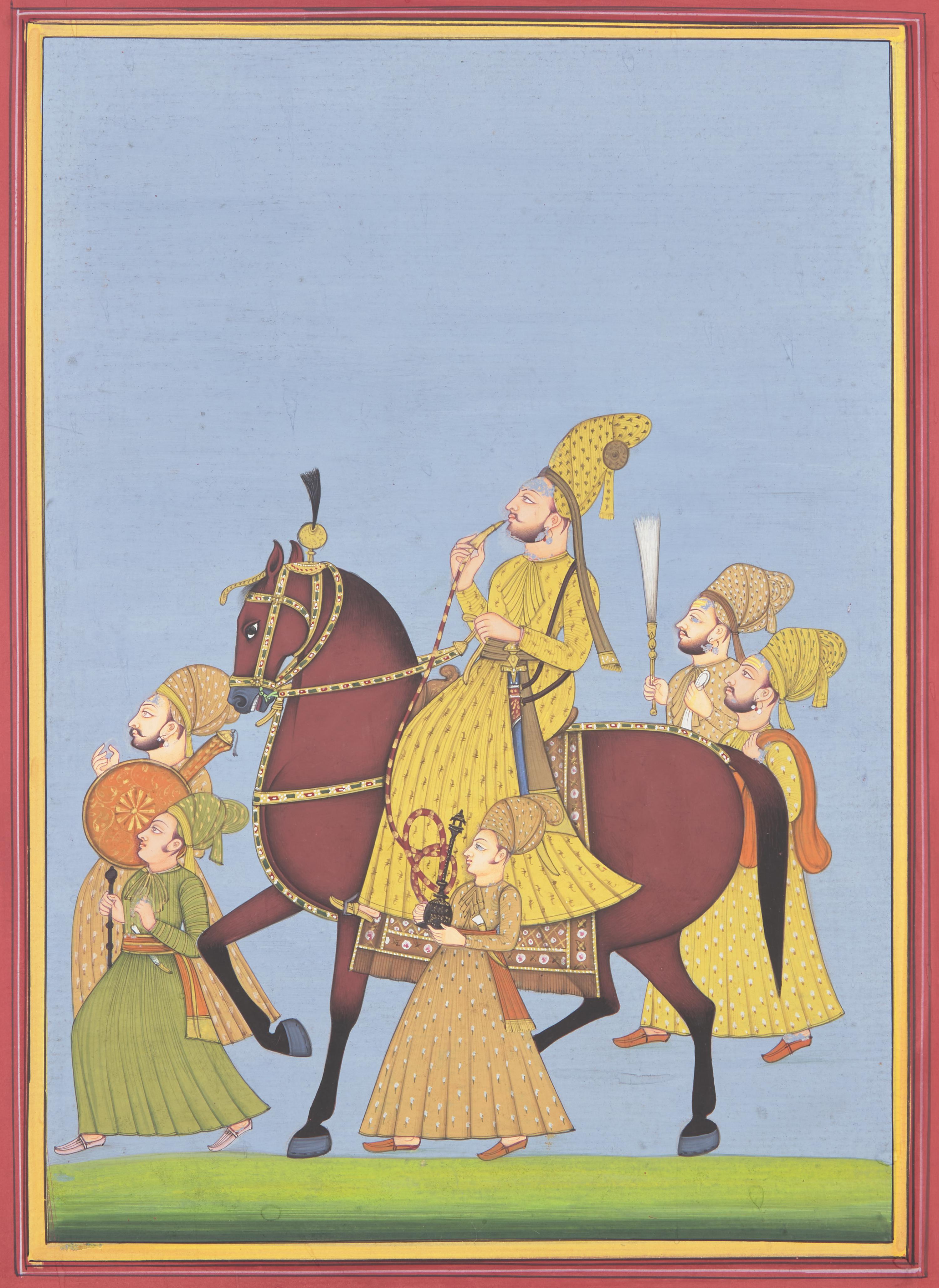 A Painting of a Marwari Equestrian Nobleman Smoking a Hookah Flanked by Five Pleated-Skirt Attendants, Jodhpur School, 20th Century