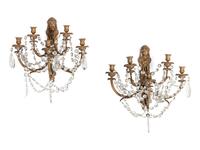 A Pair of Continental Gilt Bronze and Glass Five-Light Sconces