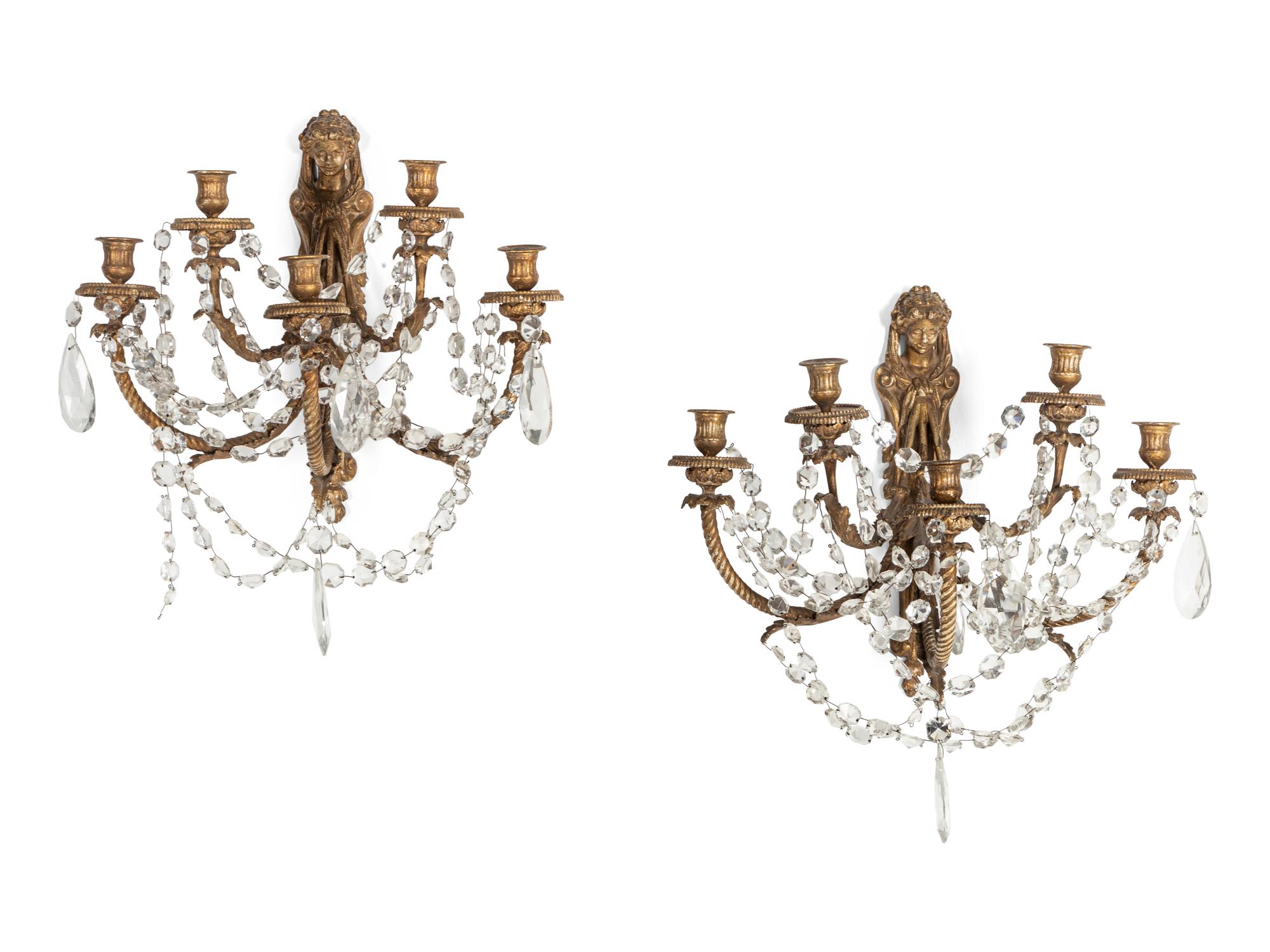 A Pair of Continental Gilt Bronze and Glass Five-Light Sconces
