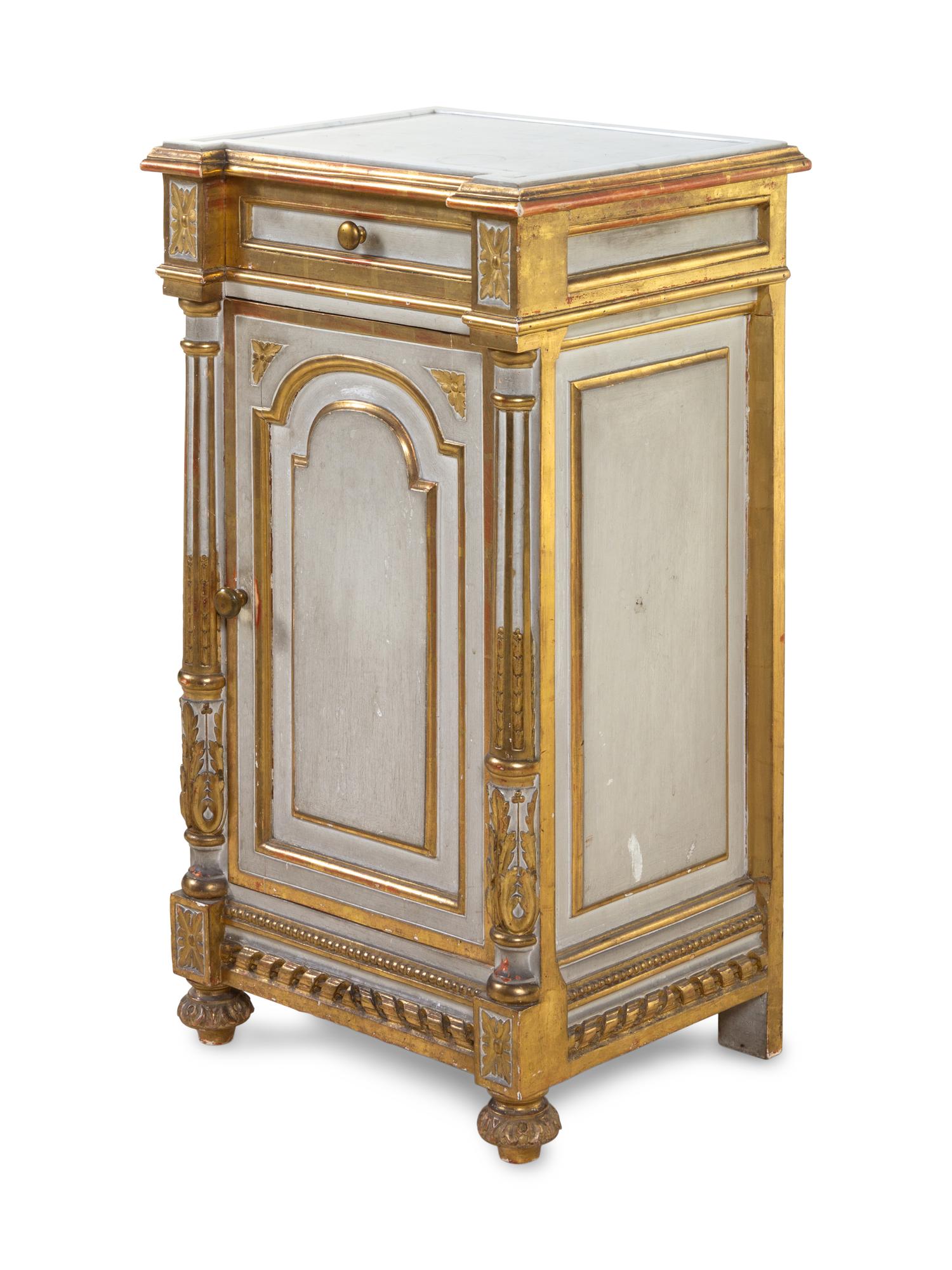 A French Painted and Parcel Gilt Marble-Top Side Cabinet