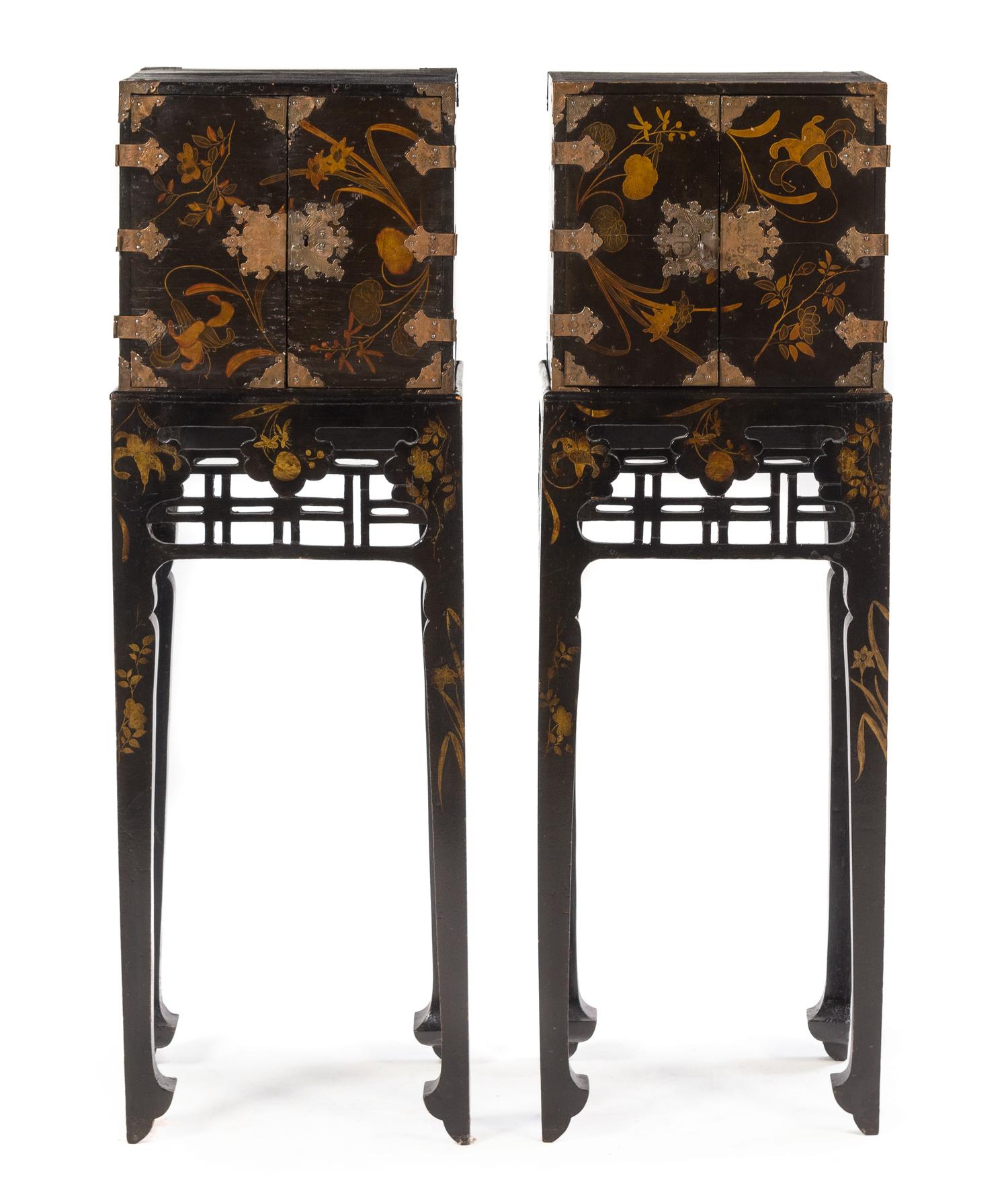 A Near Pair of Chinese Black Lacquered Cabinets on Stands Height 45 1/4 inches overall. — LATE 19TH CENTURY