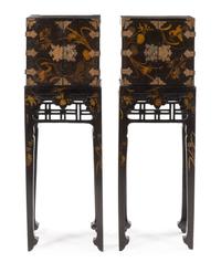 A Near Pair of Chinese Black Lacquered Cabinets on Stands Height 45 1/4 inches overall. — LATE 19TH CENTURY