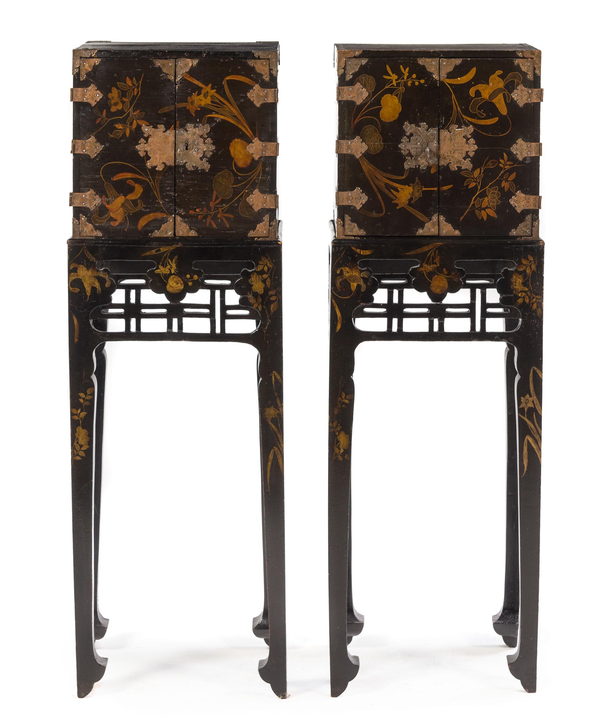 A Near Pair of Chinese Black Lacquered Cabinets on Stands Height 45 1/4 inches overall. — LATE 19TH CENTURY