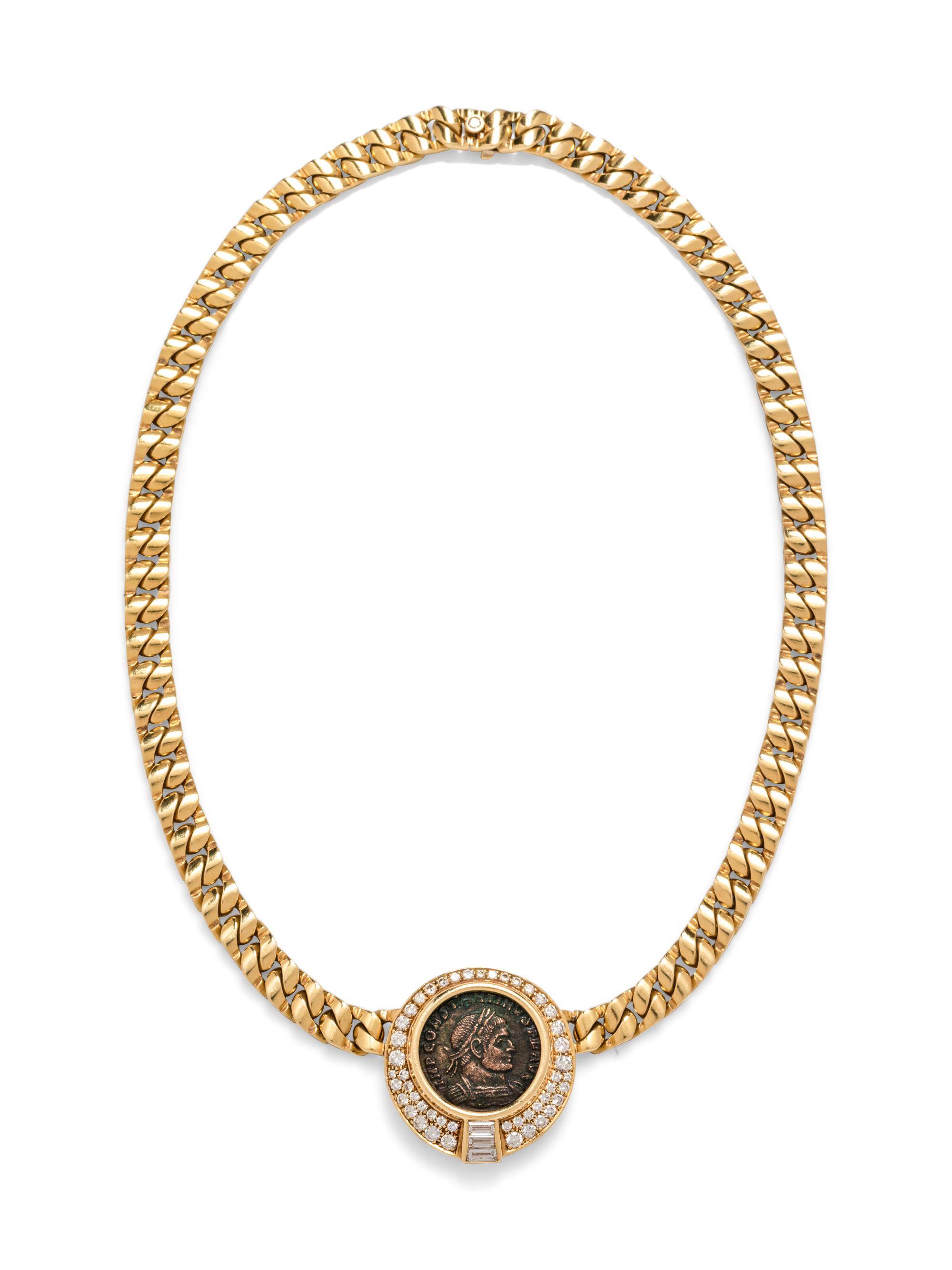 An 18 Karat Yellow Gold, Diamond and Roman Coin Necklace, Bvlgari,