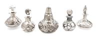 A Group of Five Silver Overlay Glass Bottles Height of tallest 4 1/4 inches.