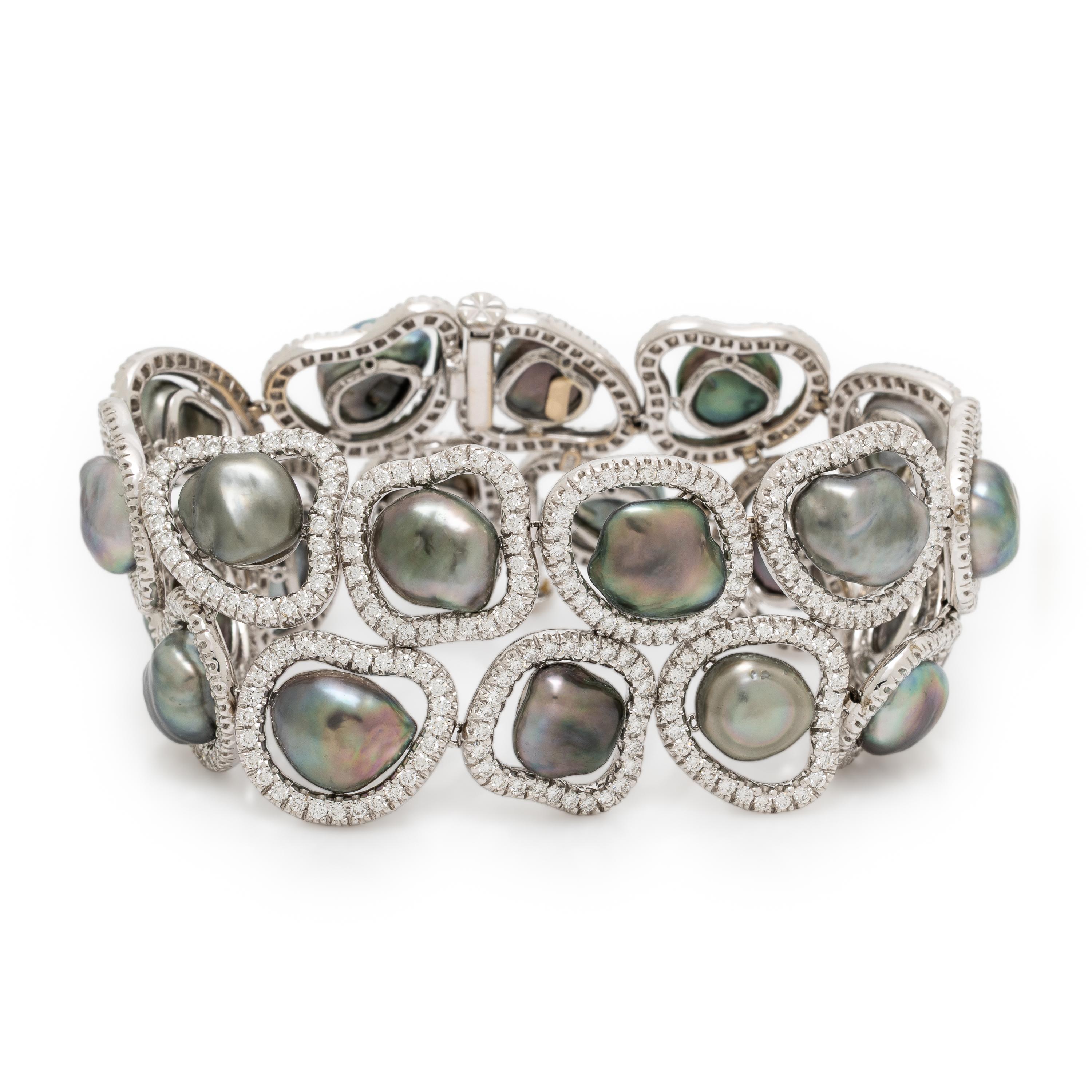 Baroque Cultured Gray Pearl and Diamond Bracelet