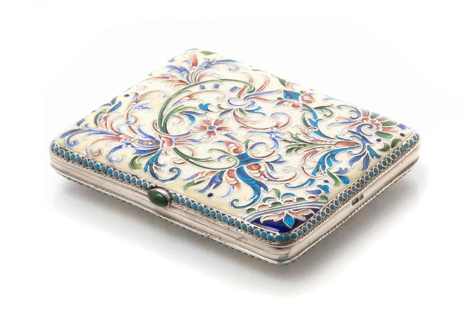 A Russian Enameled Silver Cigarette Case, Mark of Ivan Zakharov, kokoshnik mark of Ivan Lebedkin, Moscow, 19th century, the case decora