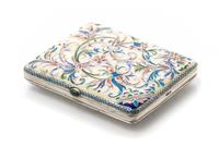 A Russian Enameled Silver Cigarette Case, Mark of Ivan Zakharov, kokoshnik mark of Ivan Lebedkin, Moscow, 19th century, the case decora