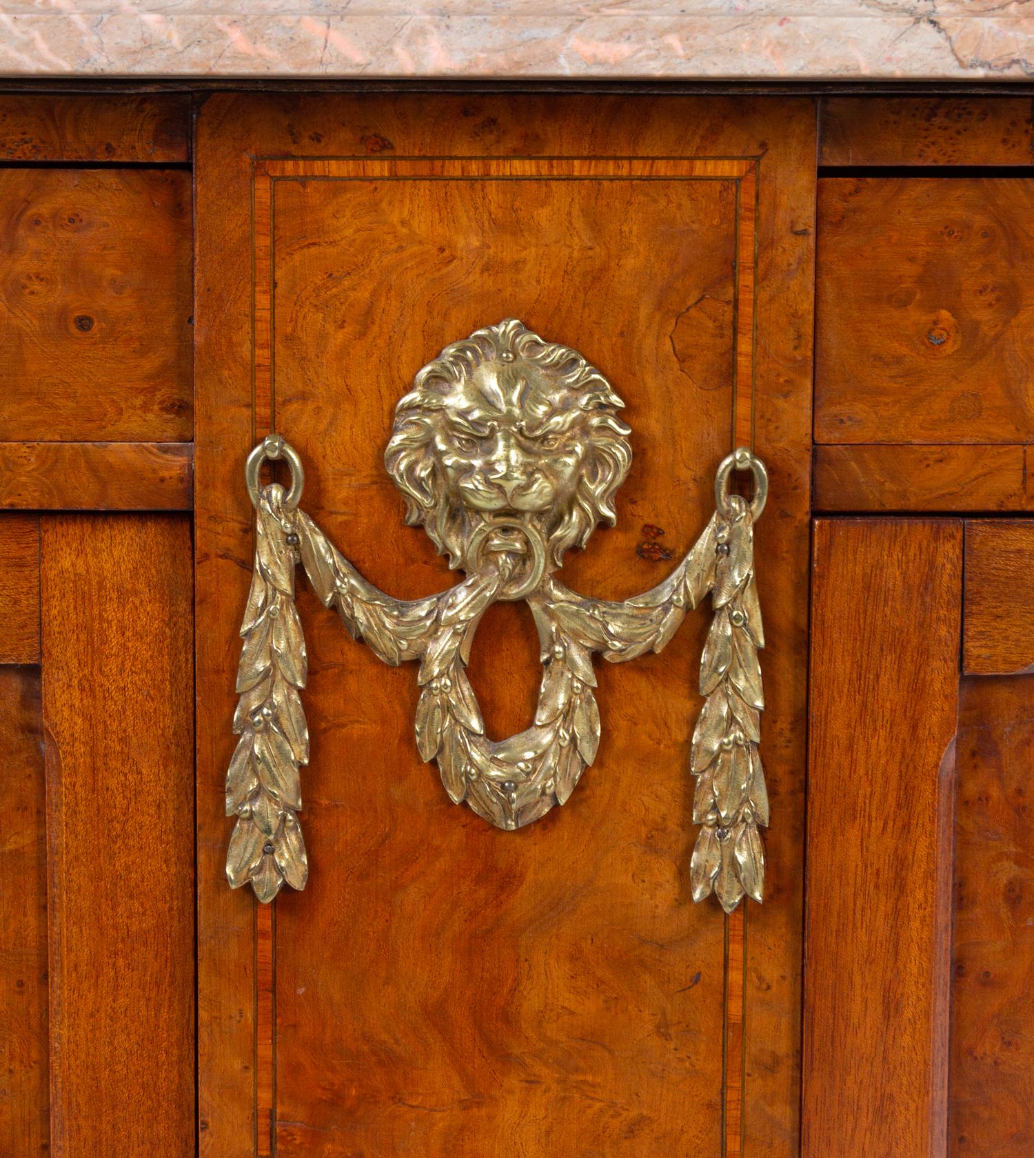 A Louis XVI Style Gilt Bronze-Mounted Burlwood Marble-Top Serving Cabinet