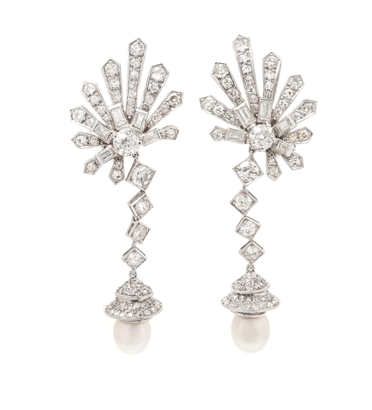A Pair of Platinum, Natural Pearl and Diamond Pendant Earclips, 17.30 dwts.