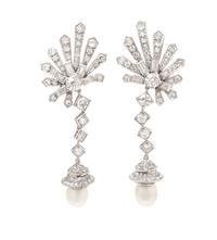 A Pair of Platinum, Natural Pearl and Diamond Pendant Earclips, 17.30 dwts.