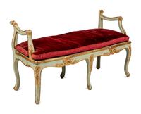 A Pair of Louis XV Green-Painted and Parcel-Gilt Cane Seat Window Benches