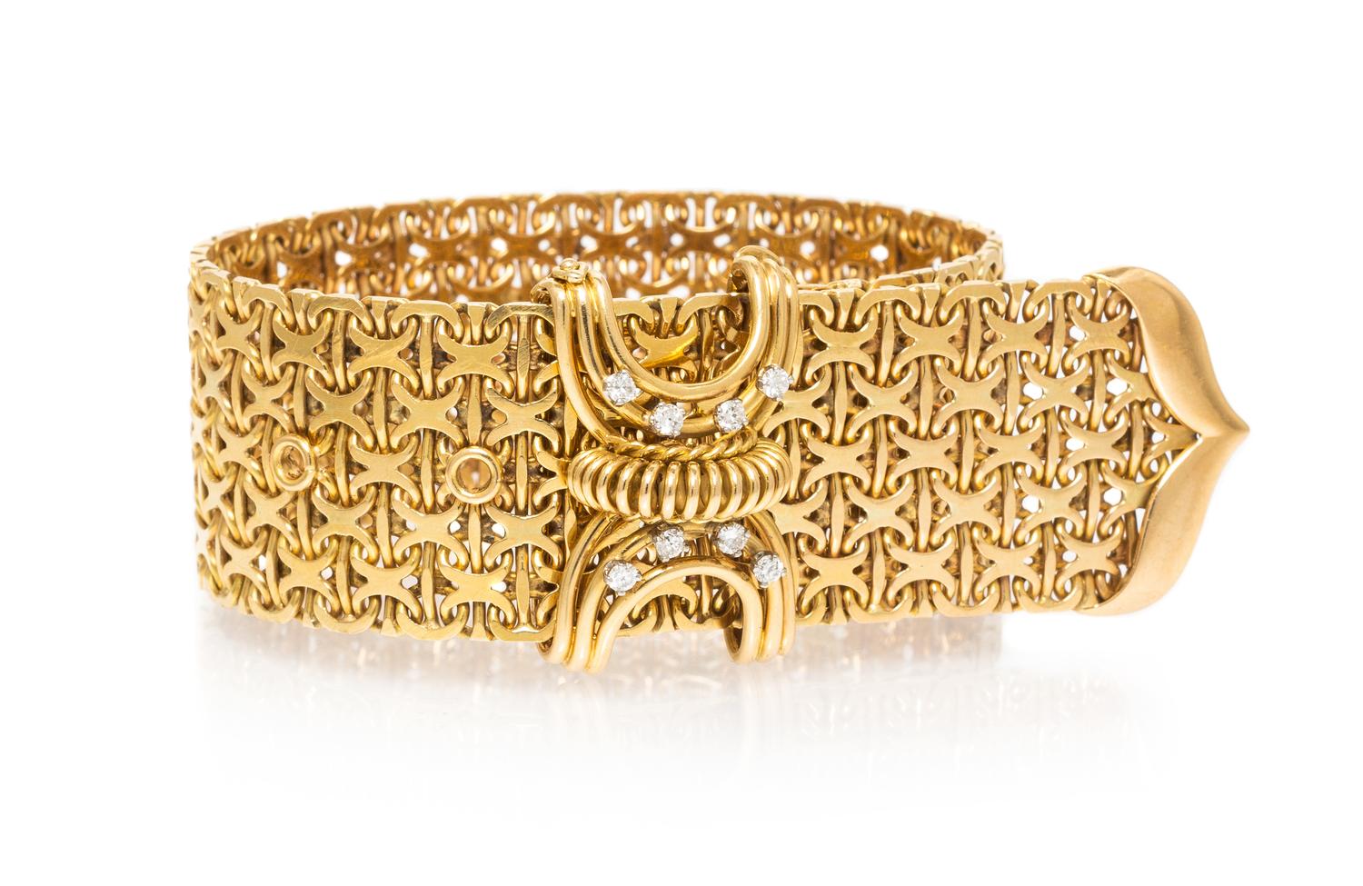 A Vintage Yellow Gold and Diamond Belt Bracelet, 54.50 dwts.