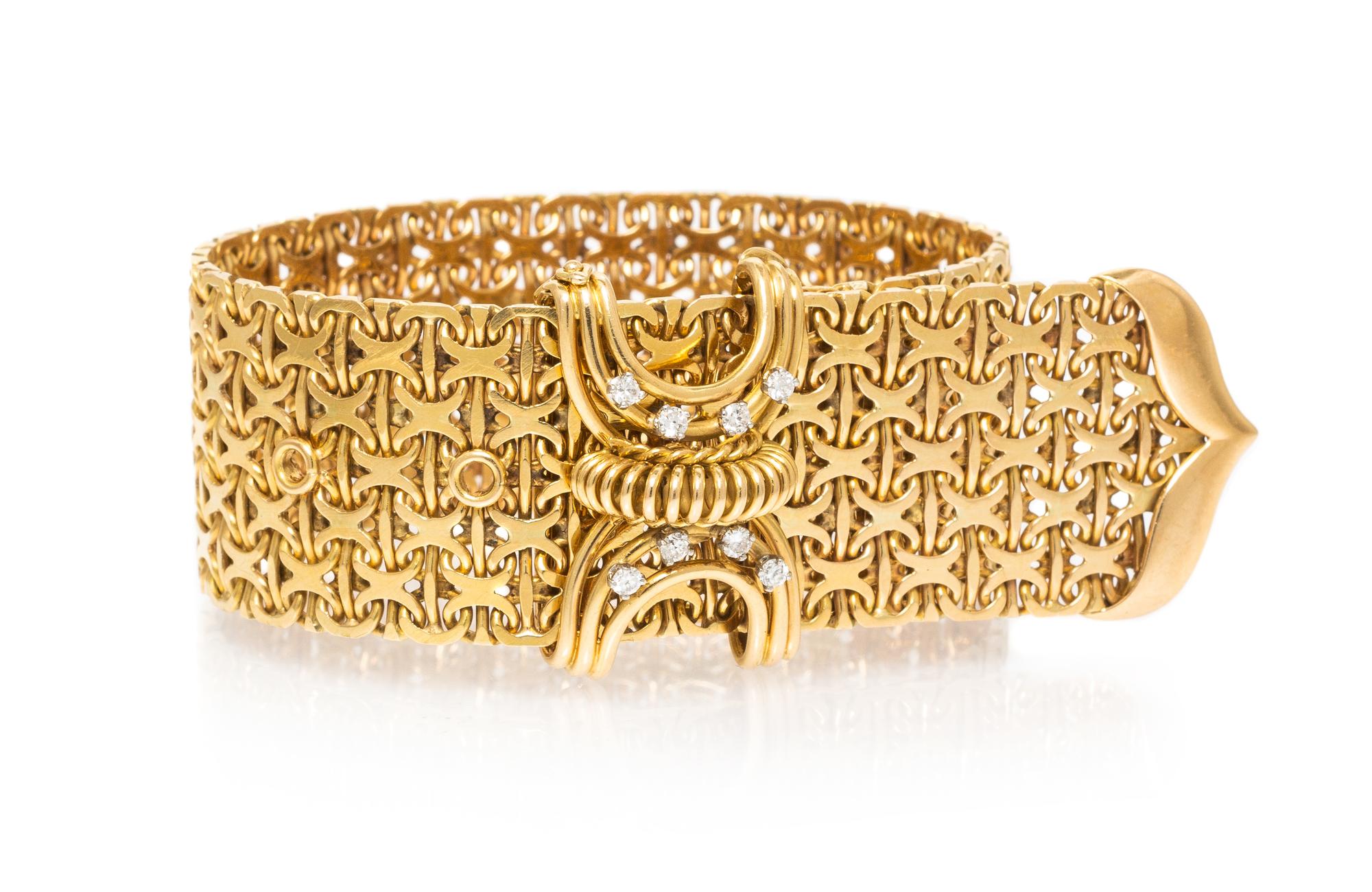 A Vintage Yellow Gold and Diamond Belt Bracelet, 54.50 dwts.