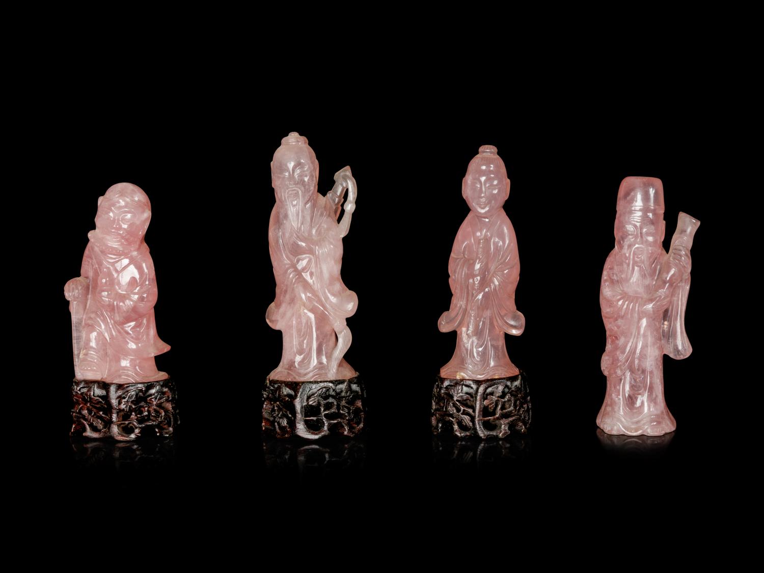 Four Chinese Carved Rose Quartz Figures of Immortals
