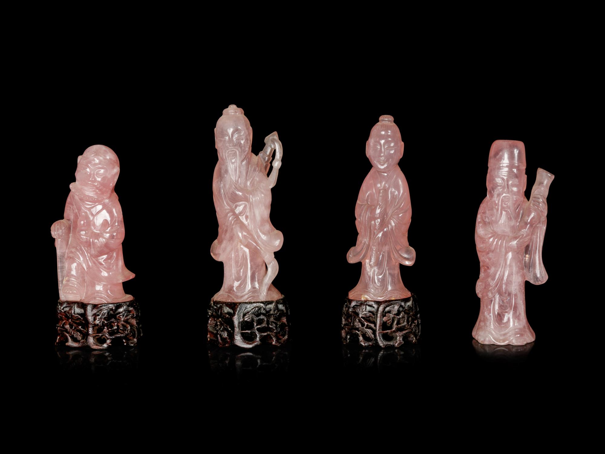 Four Chinese Carved Rose Quartz Figures of Immortals