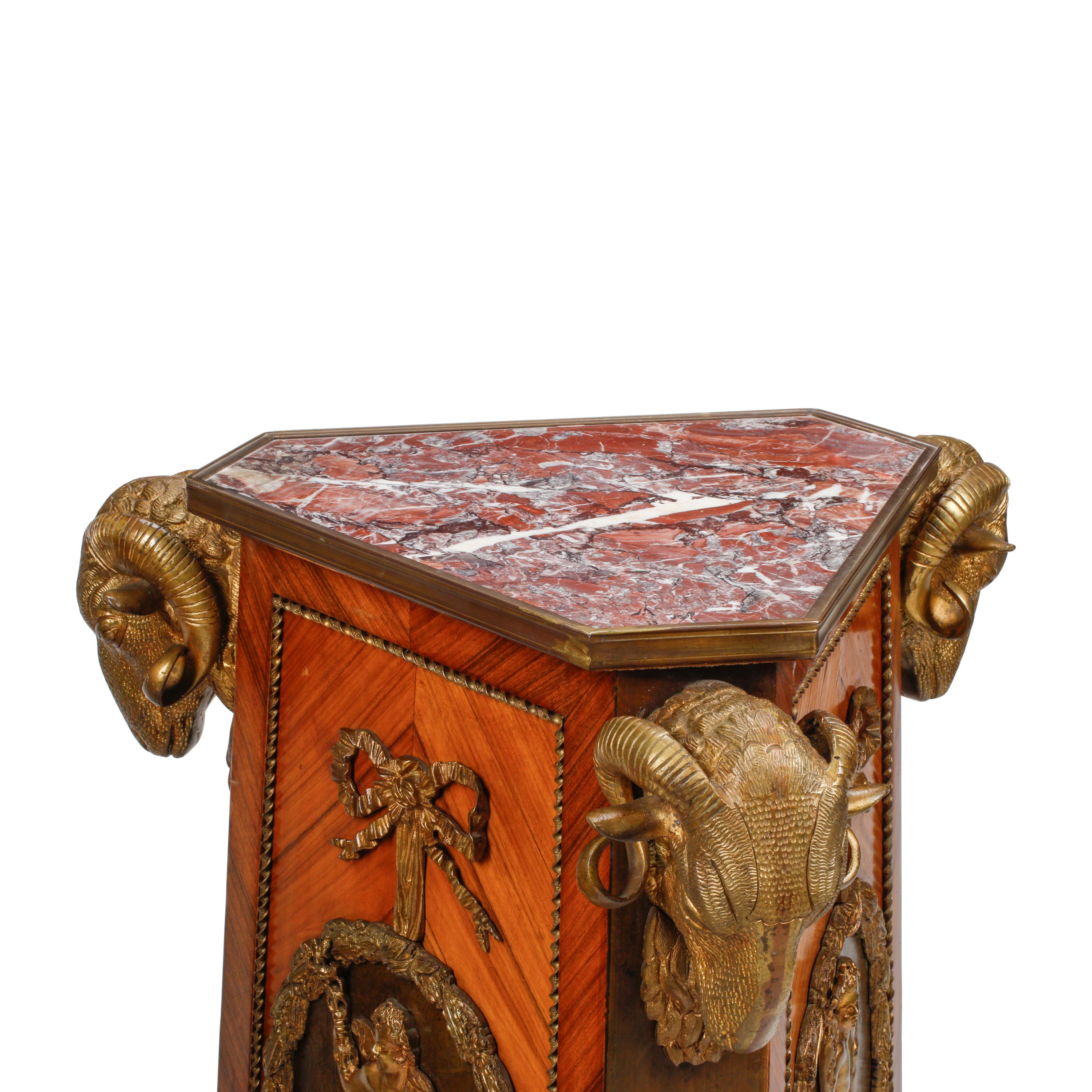 A Pair of French Gilt Bronze Mounted Kingwood and Marble-Top Pedestals