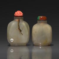 Two Chinese Carved "Shadow Agate" Snuff Bottles, Qing Dynasty, 18th-19th Century — 清中期 瑪瑙巧雕鼻煙壺兩支