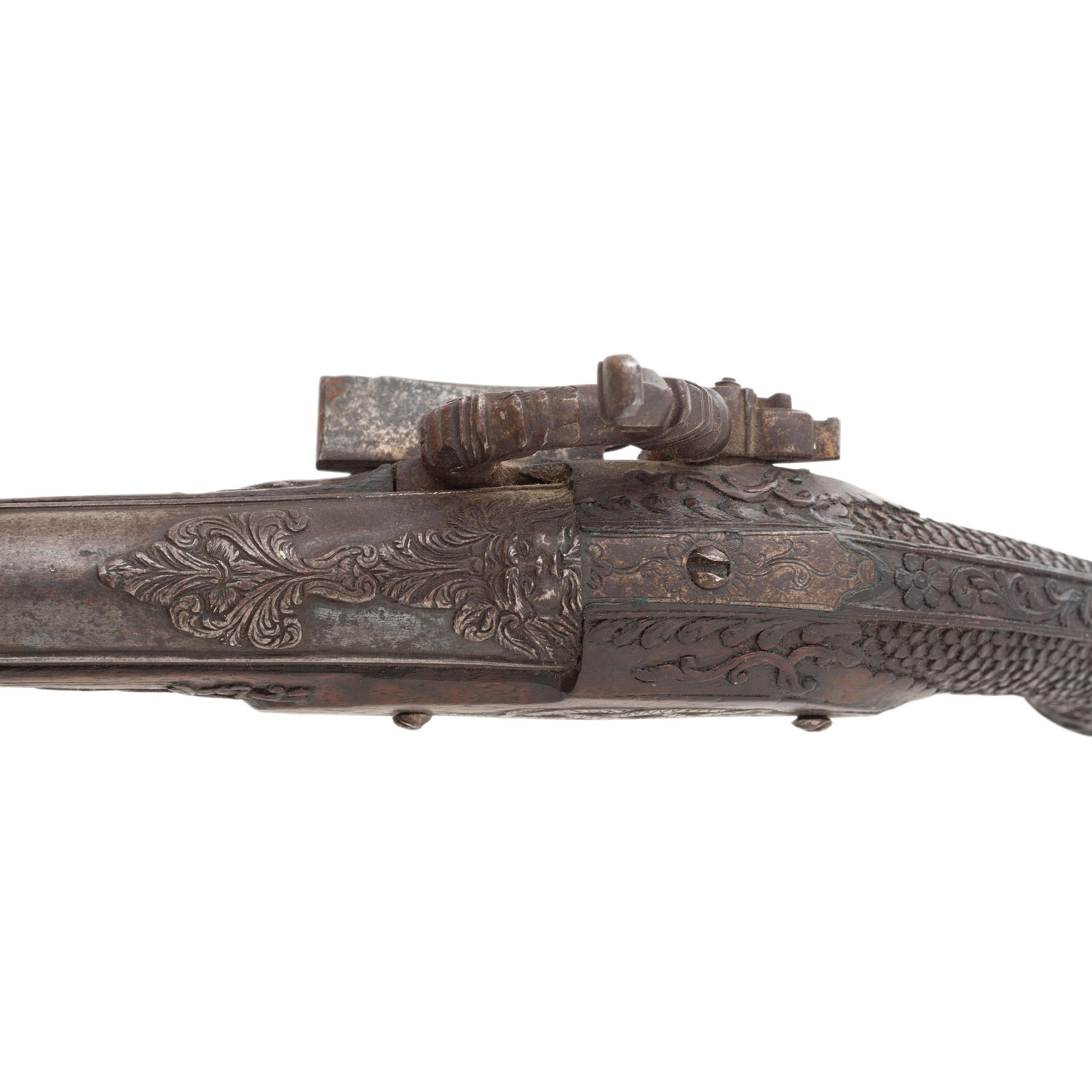 Fine Relief Carved Silver Mounted Spanish Percussion Miquelet Pistol Dated 1832