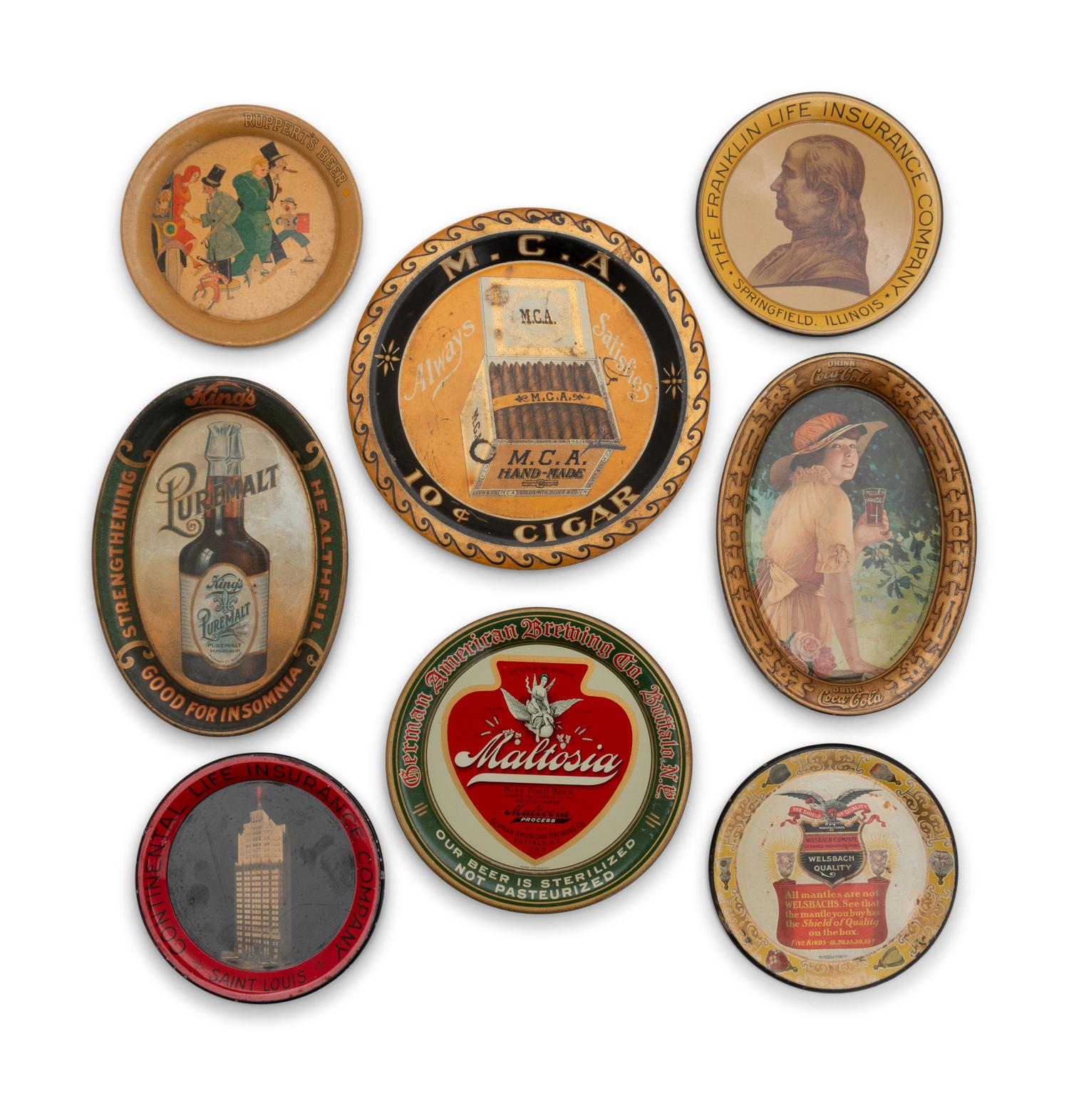 A Collection of Eight Tin Lithographed Advertising Tip Trays