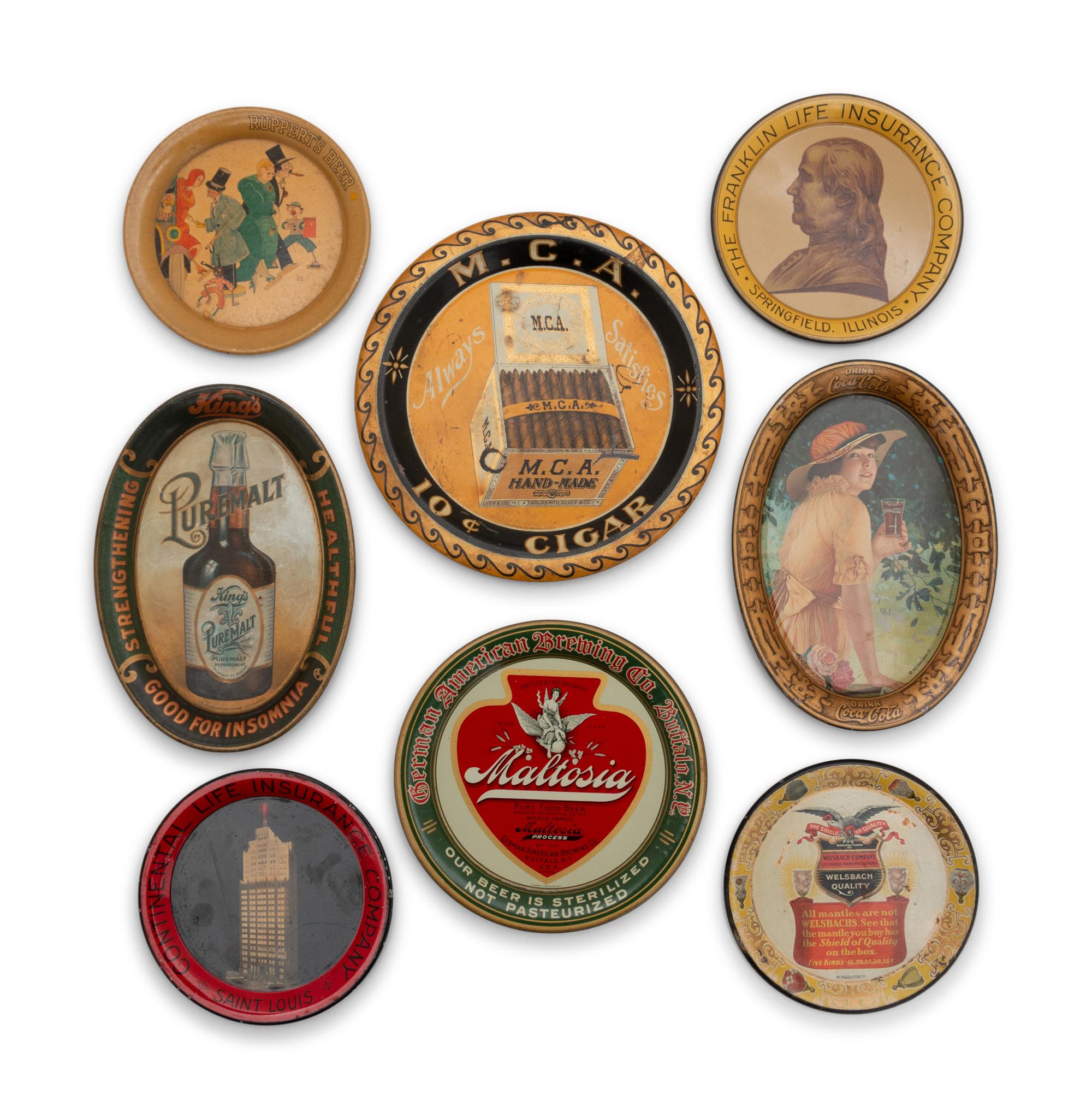 A Collection of Eight Tin Lithographed Advertising Tip Trays