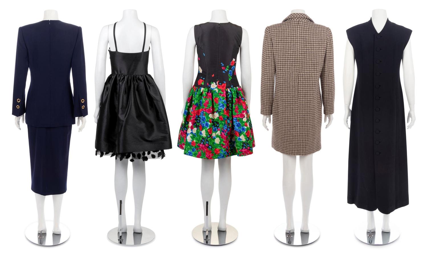 Five Vintage Items; One Galanos Skirt Suit, One Norman Norell Dress, One Oscar de la Renta Dress, One Bill Blass Dress, and One Galanos Coat, 1970-2010s