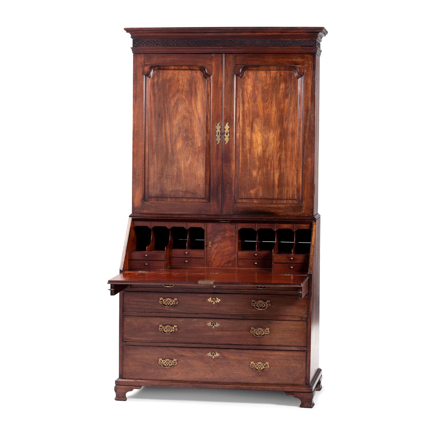 A George III Carved and Paneled Mahogany Secretary Bookcase