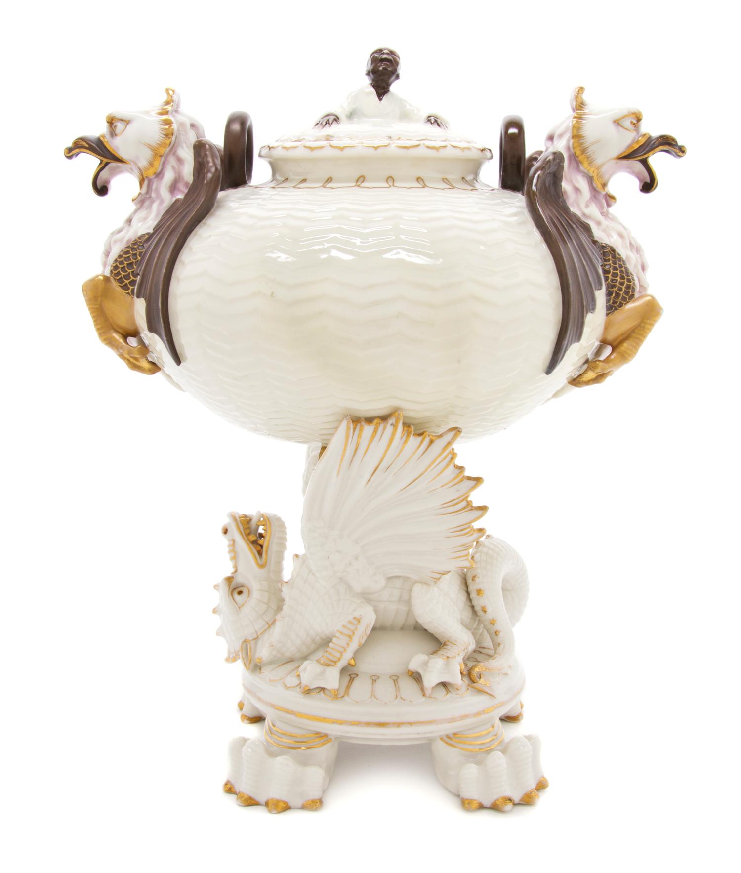 A Belleek Chinese Tea Urn, Height overall 13 inches.