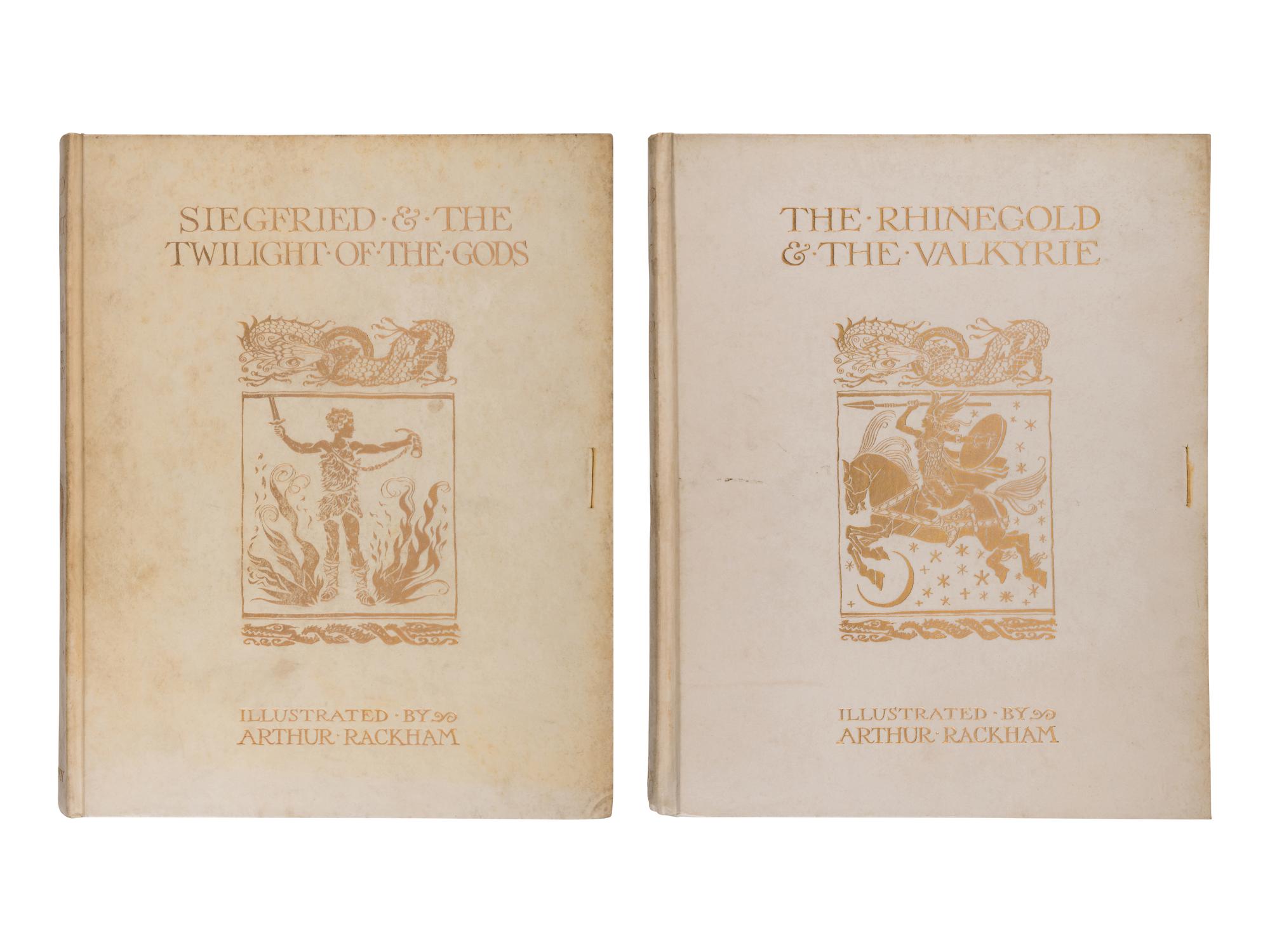 [RACKHAM, Arthur (1867-1939), illustrator]. WAGNER, Richard (1813-1883). [The Ring of the Niblung]. The Rhinegold & the Valkyrie . -- Siegfried & the Twilight of the Gods . Margaret Armour, translator. London and New York: William Heinemann and Doubleday Page & Co., 1910, 1911.