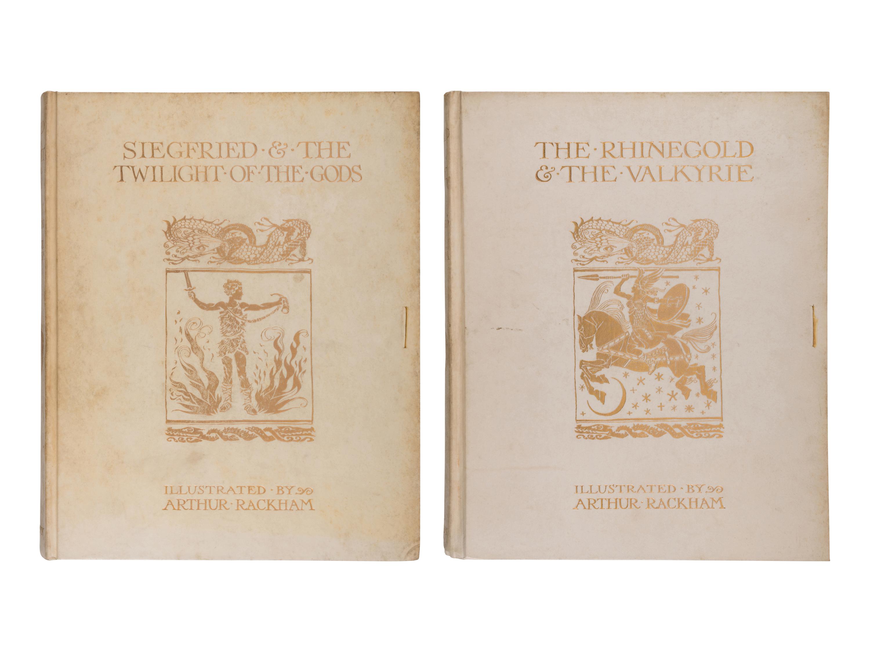 [RACKHAM, Arthur (1867-1939), illustrator]. WAGNER, Richard (1813-1883). [The Ring of the Niblung]. The Rhinegold & the Valkyrie . -- Siegfried & the Twilight of the Gods . Margaret Armour, translator. London and New York: William Heinemann and Doubleday Page & Co., 1910, 1911.