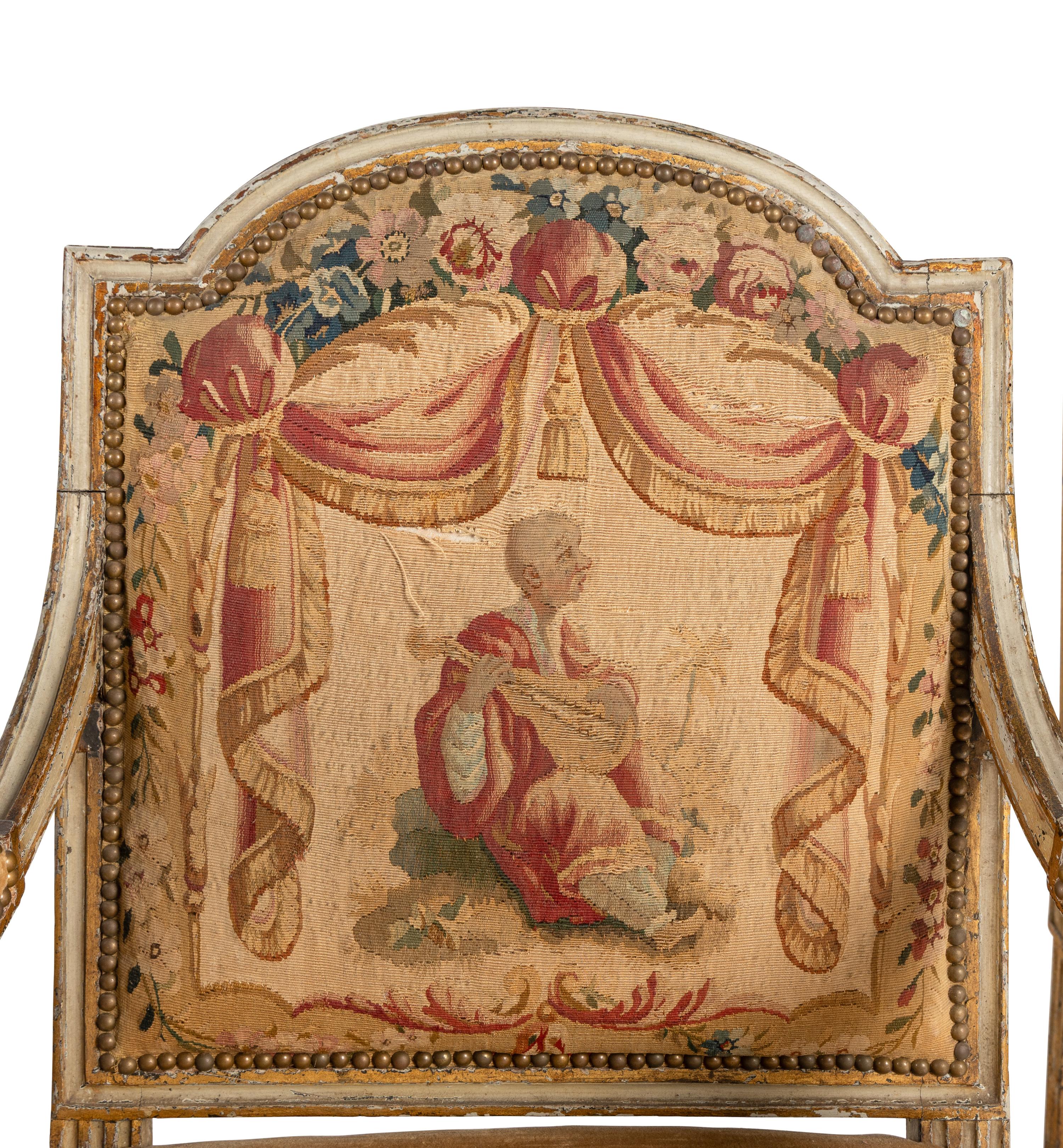 A Set of Five Louis XVI Tapestry Upholstered Fauteuils