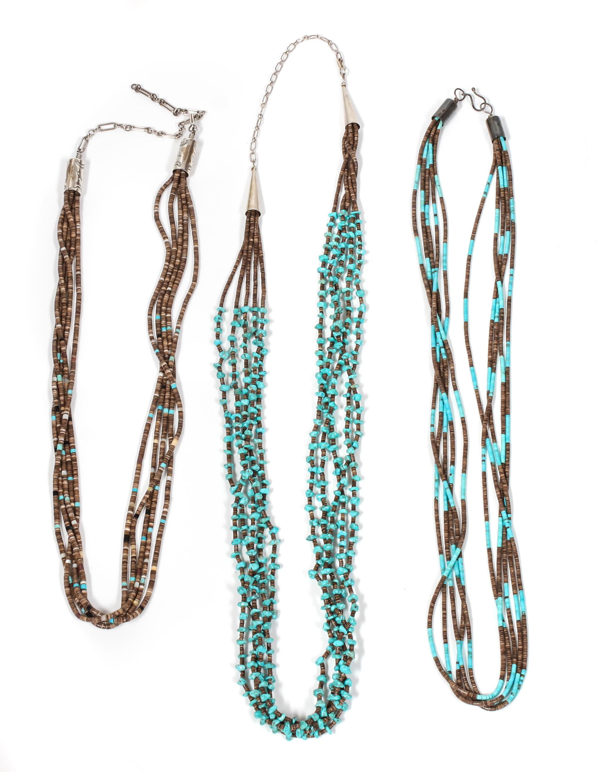 Three Southwestern Turquoise and Shell Heishi Necklaces Length of longest 25 inches