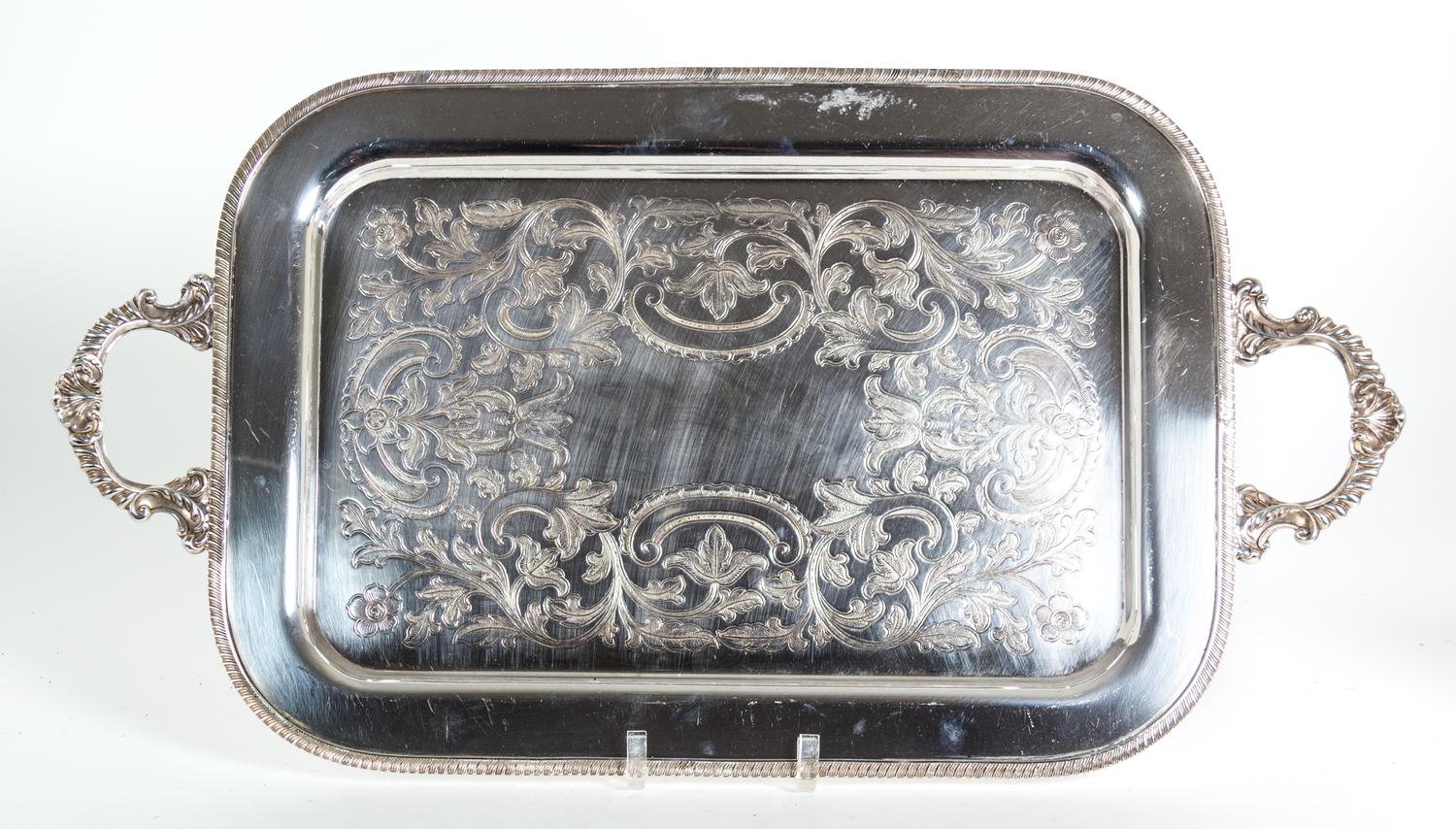 Eight Miscellaneous Silverplate Serving Trays Largest, length over handles 26 1/2 inches.