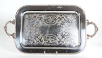 Eight Miscellaneous Silverplate Serving Trays Largest, length over handles 26 1/2 inches.