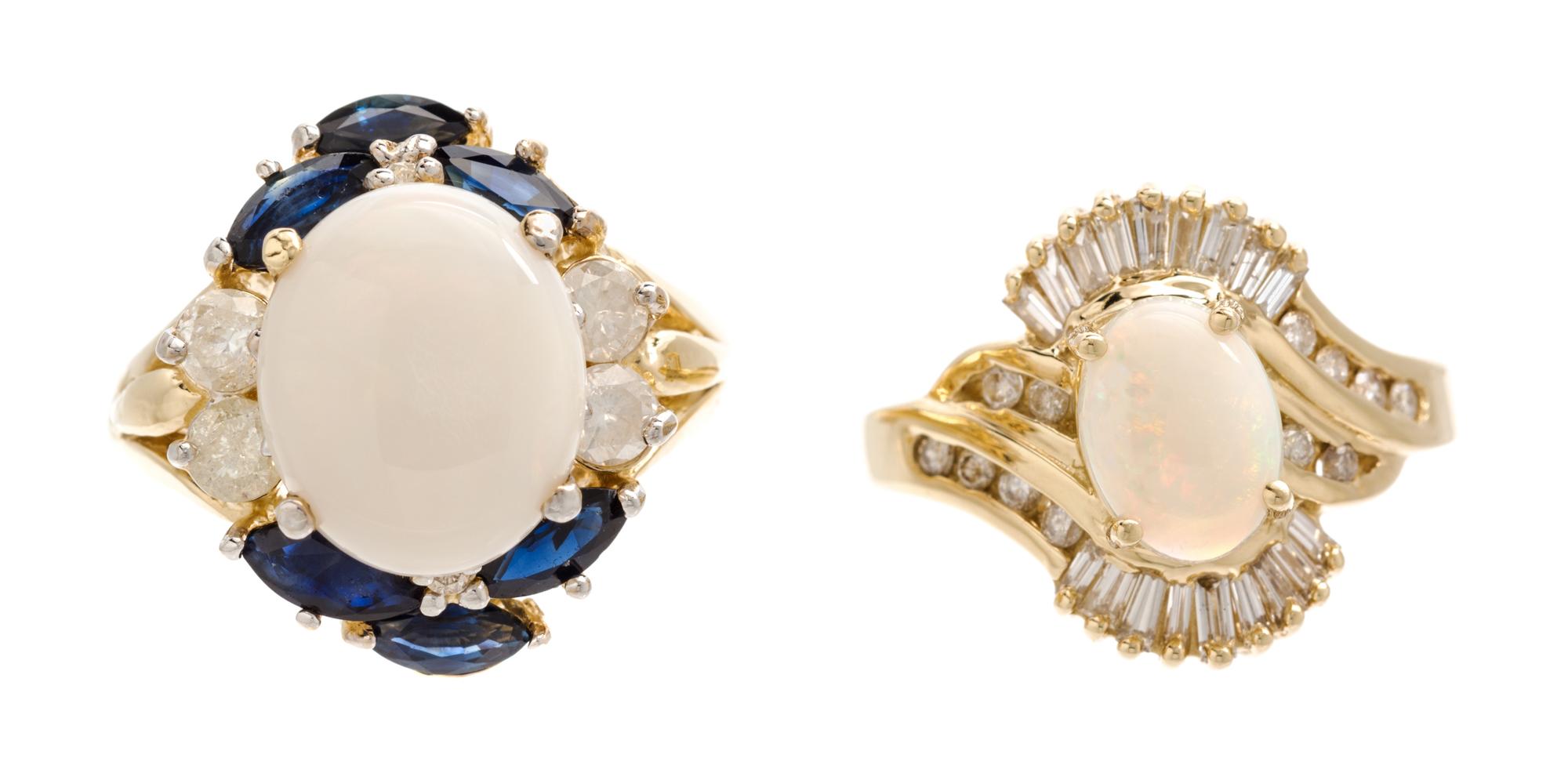 A Collection of 14 Karat Yellow Gold, Opal and Diamond Rings, 6.80 dwts.