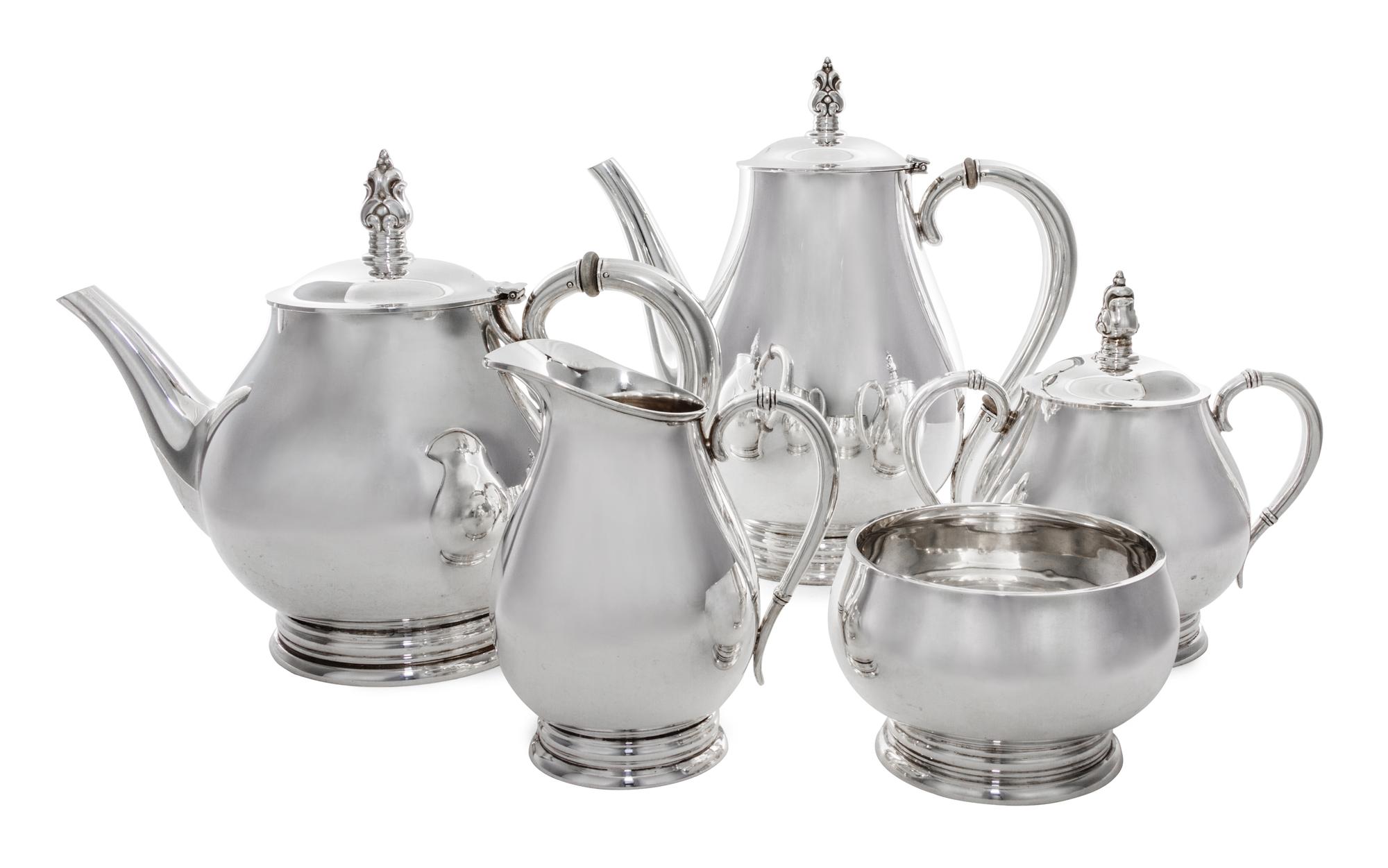 An American Silver Five-Piece Tea and Coffee Service, International Silver Co., Meriden, CT, Royal Danish pattern, comprising a teapot,