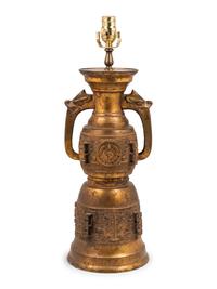 A Chinese Archaic Style Gilt Metal Lamp in the Manner of James Mont