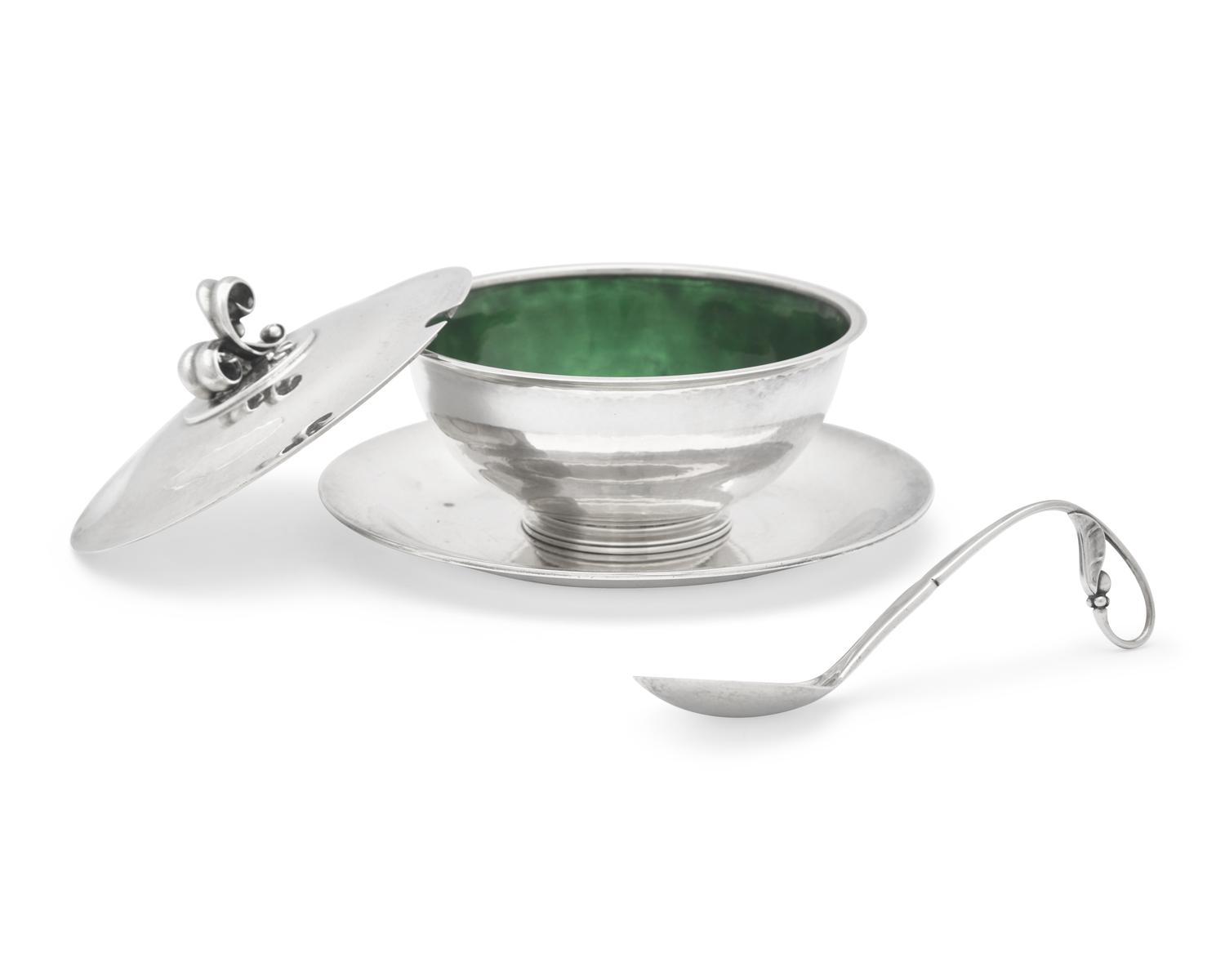 A Georg Jensen Silver Covered Sauce Tureen with Underplate and Ladle