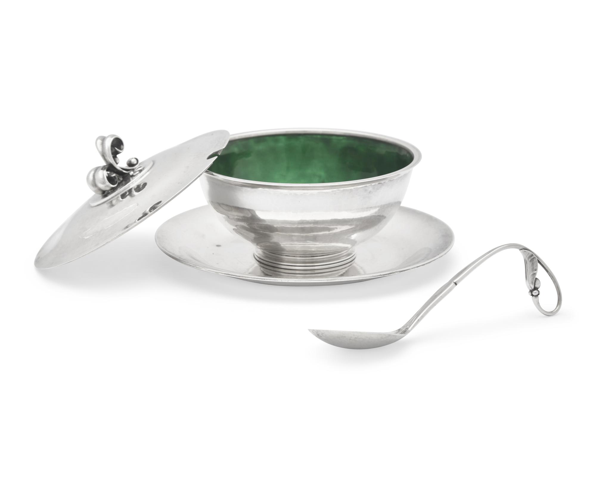 A Georg Jensen Silver Covered Sauce Tureen with Underplate and Ladle
