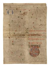 MOSAN ILLUMINATOR(?) Single leaf with decorated Initial ‘T’ from a Lectern Bible, in Latin, illuminated manuscript on parchment [The Netherlands, Mosan? c. 1150]